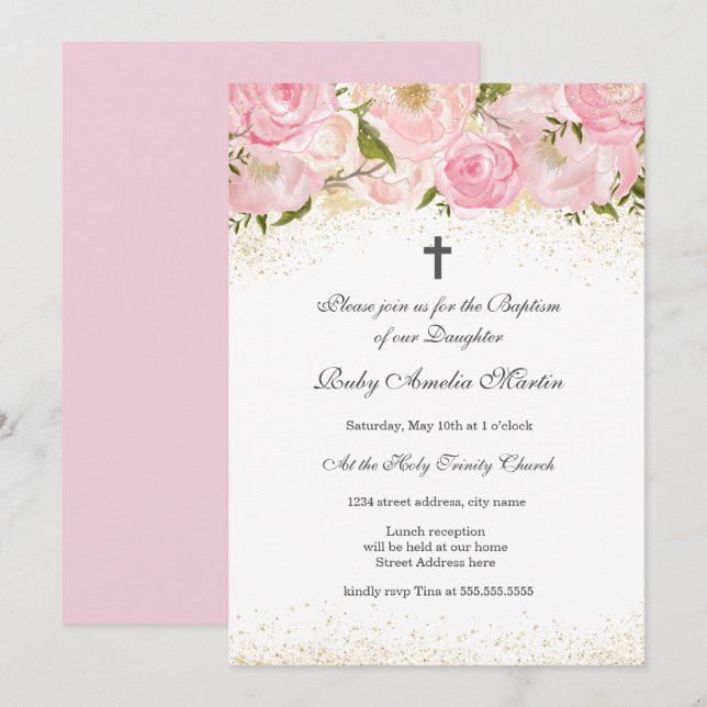 Elegant Rosa Guld Gnistra Ro Baptism Inbjudan till (Fram/baksida)