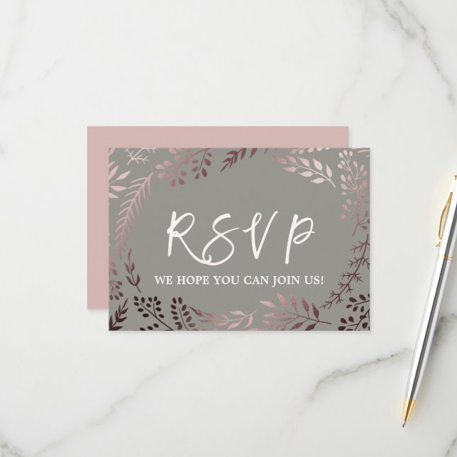 Elegant Rosa Guld & Grå Bröllopswebbplats RSVP-kor OSA Kort (Fram/Back In Situ)