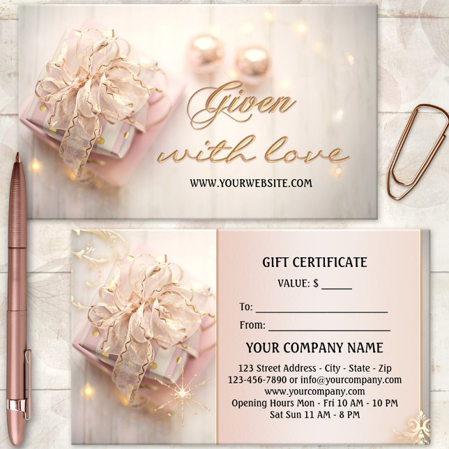 Elegant Rosa Guld Helgdagars Gift Certificate Rabattkort (Festive gift certificate template featuring a boho chic gift package with sparkling lights.)