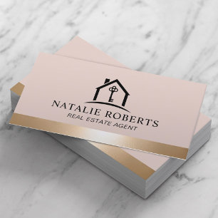 Elegant Rosa & Guld Hus Logotyp Fastighetsmäklare Visitkort