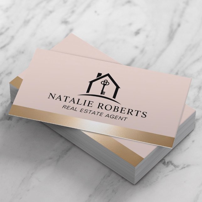 Elegant Rosa & Guld Hus Logotyp Fastighetsmäklare Visitkort (Skapare uppladdad)