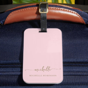Elegant rosa guld kalligrafiskrift monogramnamn bagagebricka