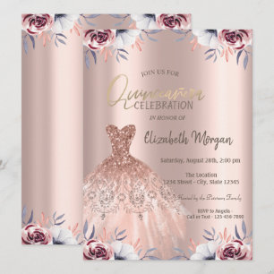 Elegant rosa guld klänning blommande Quinceañera Inbjudningar