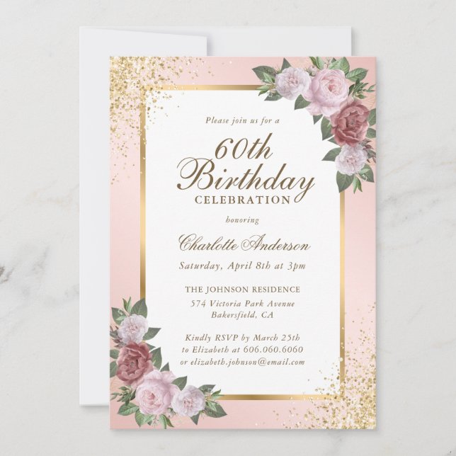 Elegant Rosa Guld Konfetti Blommig 60-årsdag Inbjudningar (Framsida)