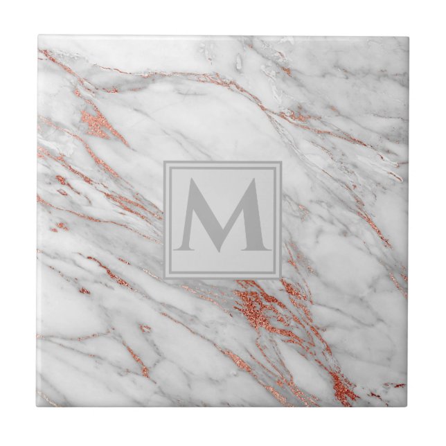 Elegant Rosa Guld Koppar Vit Marmor Monogram Kakelplatta (Framsidan)
