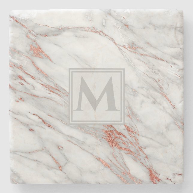 Elegant Rosa Guld Koppar Vit Marmor Monogram Stenunderlägg (Framsidan)