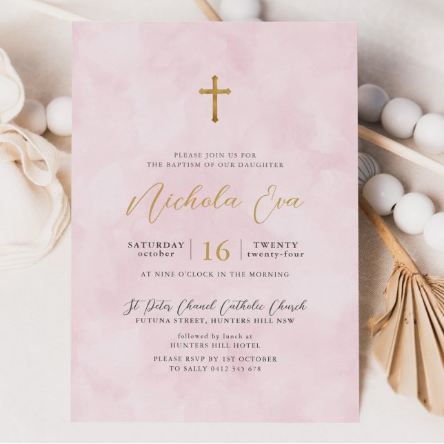 Elegant  Rosa Guld Kor Girls Baptism Inbjudningar (Pink Watercolour Baptism Invitation)