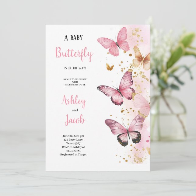 ELEGANT ROSA , GULD , LILA BUTTERFLY BABYSHOWER INBJUDNINGAR (Stående Fram)