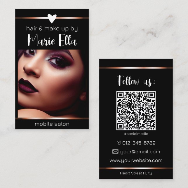 Elegant Rosa Guld Linjer Foto QR-kod Mall  Visitkort (Fram/baksida)