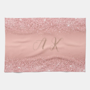 Elegant Rosa Guld Lyx Glans Monogram Kökshandduk