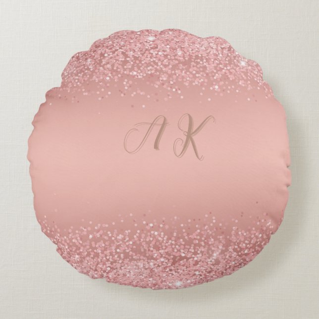 Elegant Rosa Guld Lyx Glans Monogram Rund Kudde (Framsidan)