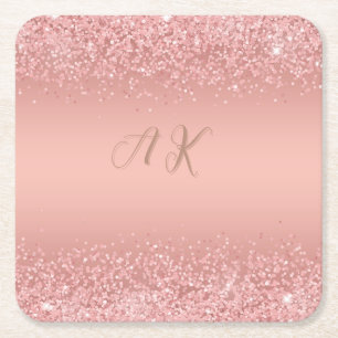 Elegant Rosa Guld Lyx Glans Monogram Underlägg Papper Kvadrat