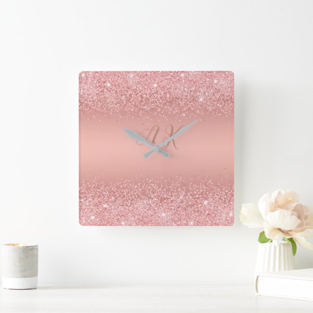 Elegant Rosa Guld Lyx Glitter Monogram Fyrkantig Klocka (Hem)