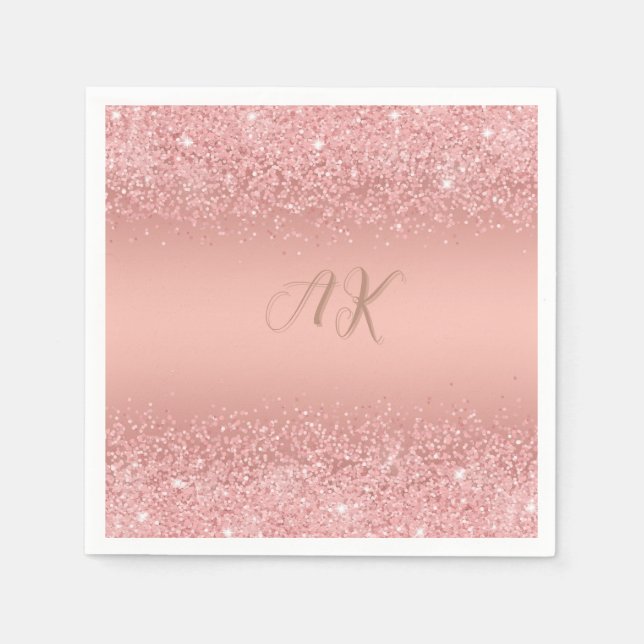 Elegant Rosa Guld Lyx Glitter Monogramm Pappersservett (Framsidan)