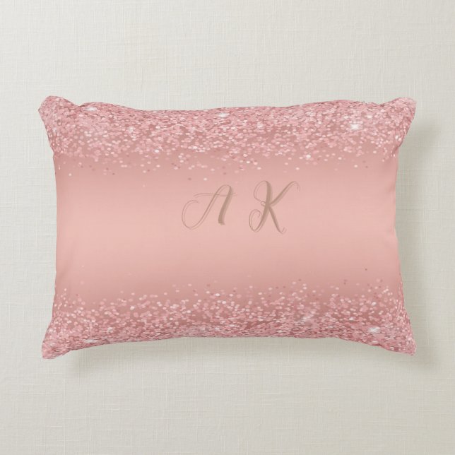 Elegant Rosa Guld Lyx Glitter Monogramm Prydnadskudde (Framsidan)