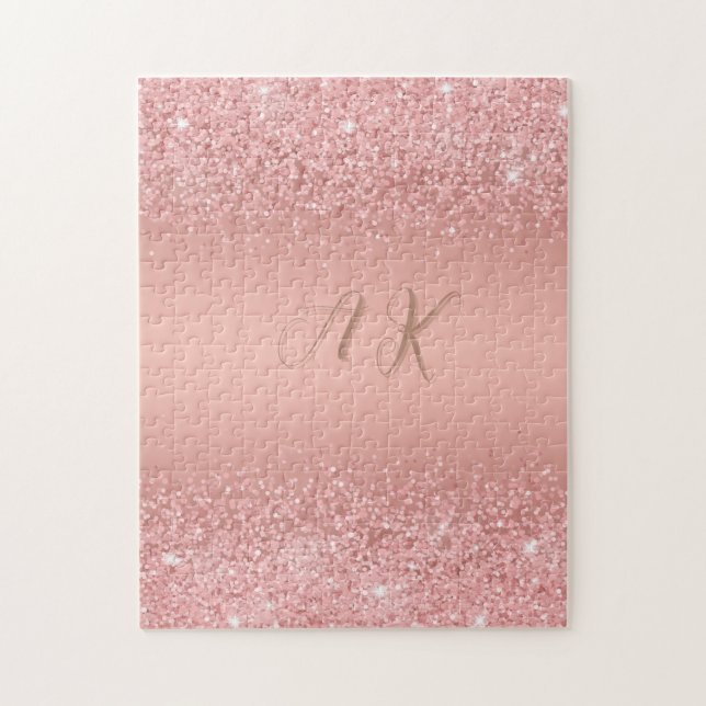 Elegant Rosa Guld Lyx Glitter Monogramm Pussel (Vertikal)