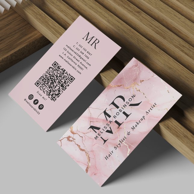 Elegant rosa & guld marmorerad monogram med QR-kod Visitkort (Skapare uppladdad)