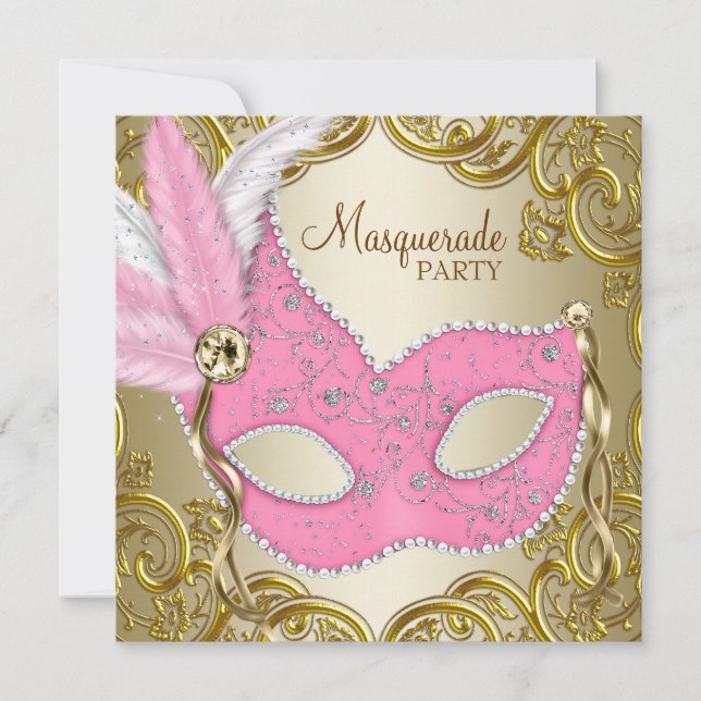 Elegant Rosa Guld Mask Masquerad Party Inbjudningar (Framsida)