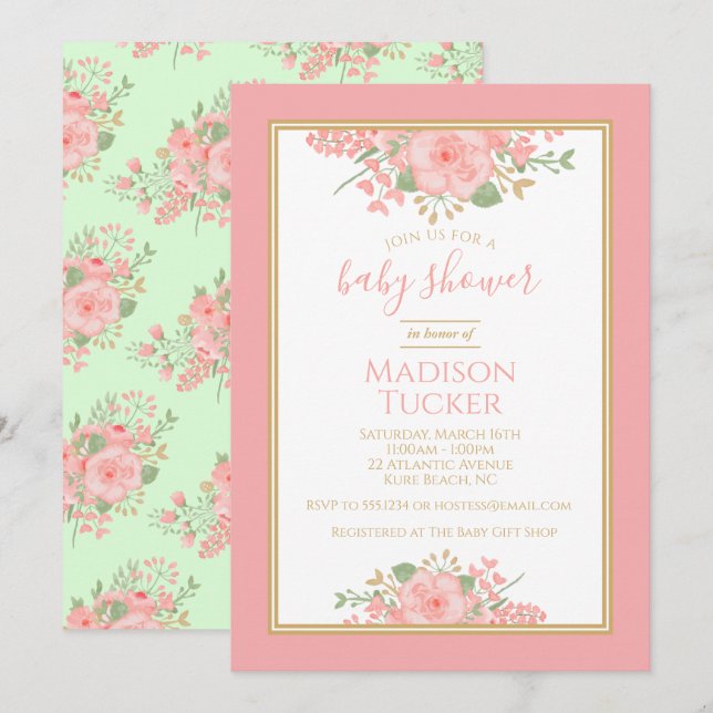 Elegant  Rosa Guld Mint Blommigt Baby Shower Inbjudningar (Fram/baksida)