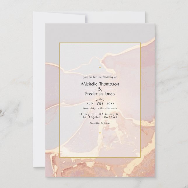Elegant Rosa Guld och Rosaktig Alkoholbläck Bröllo Inbjudningar (Framsida)