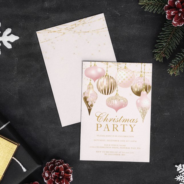 Elegant  Rosa Guld Ornamet jul Party Inbjudningar (Pink and Gold Ornament Christmas Party Invitation)