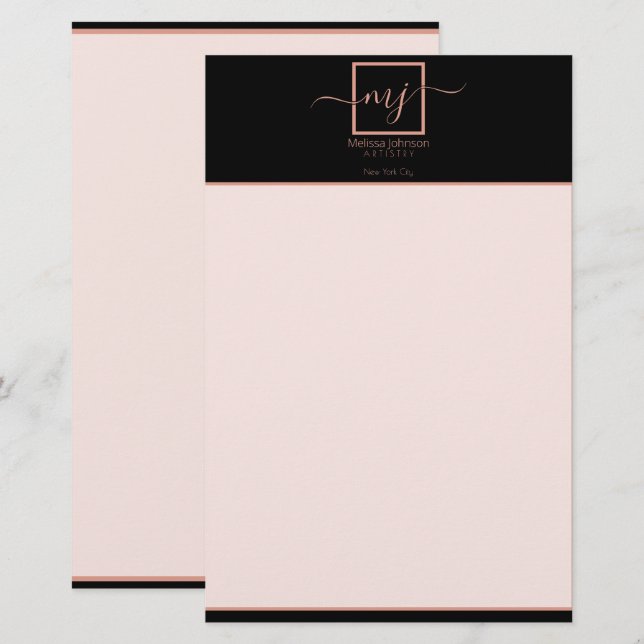 Elegant Rosa Guld på Svart Pappersvaror Brevpapper (Fram/baksida)