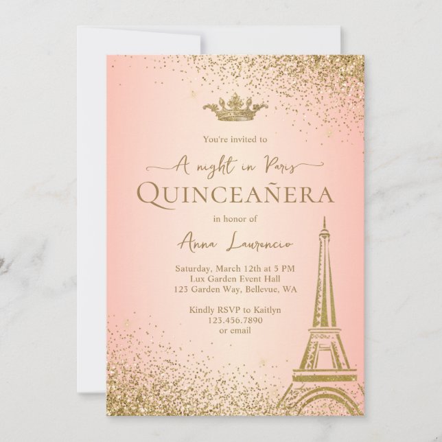 Elegant Rosa Guld Paris Eiffeltornet Quinceanera Inbjudningar (Framsida)