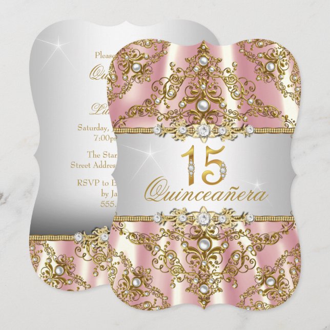 Elegant Rosa Guld Pärl Damask Quinceanera Inbjudningar (Fram/baksida)