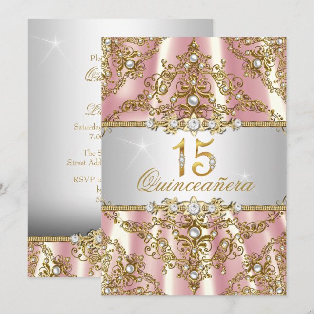 Elegant Rosa Guld Pearl Damask Quinceanera Inbjuda Inbjudningar (Fram/baksida)
