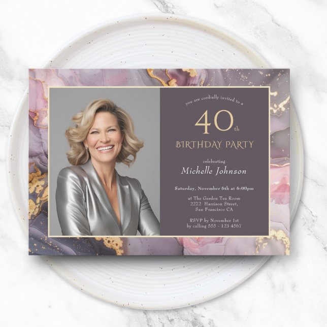Elegant Rosa Guld Photo Agate 40:e födelsedagen Inbjudningar (Elegant Pink Gold Photo Agate 40th Birthday Invitation)
