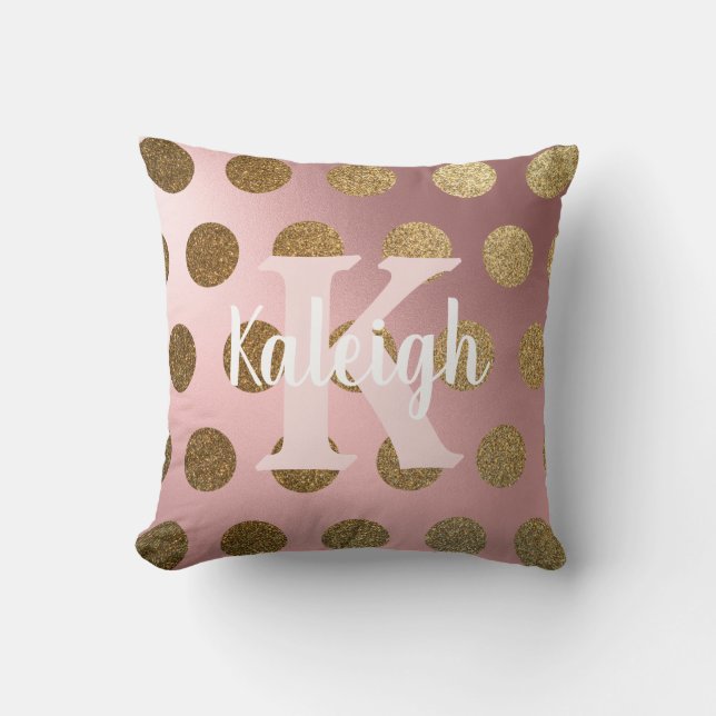 Elegant  Rosa Guld Polka Dot Monogram Namn Kudde (Framsida)