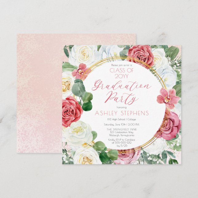Elegant Rosa | Guld Ram Examensfest Inbjudningar (Fram/baksida)