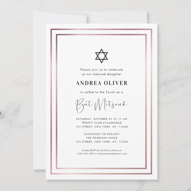 Elegant Rosa Guld Ram Modern Enkel Bat Mitzvah  Inbjudningar (Framsida)