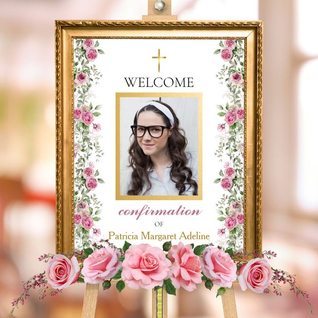 Elegant Rosa Guld Ro Bekräftelsemeddelande välkoms Fototryck (Elegant pink rose and gold floral greenery confirmation baptism welcome sign for religious ceremony)