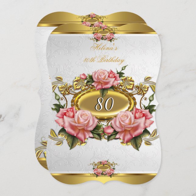 Elegant Rosa Guld Ro Vit 80:e födelsedag 2 Inbjudningar (Fram/baksida)