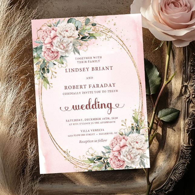 Elegant Rosa Guld Rodnad Blommig Eukalyptus Bröllo Inbjudningar (Chic Rose Gold Blush Floral Eucalyptus Wedding Invitation

)