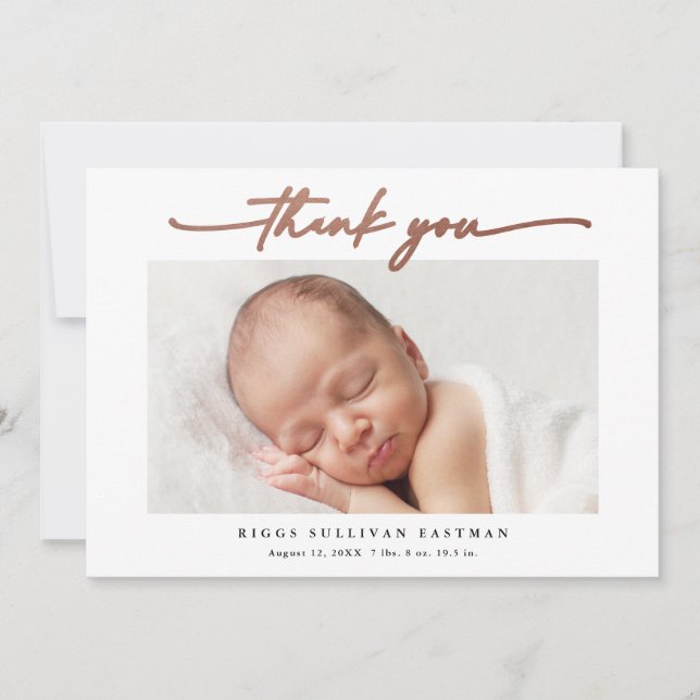 Elegant Rosa Guld Script Foto Baby Tack Kort (Framsida)
