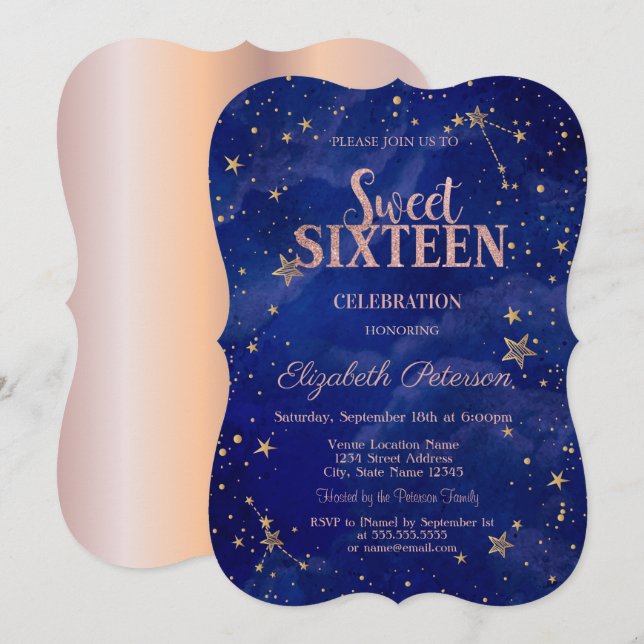 Elegant Rosa Guld Stjärnor Marinblå  Sweet 16 Inbjudningar (Fram/baksida)
