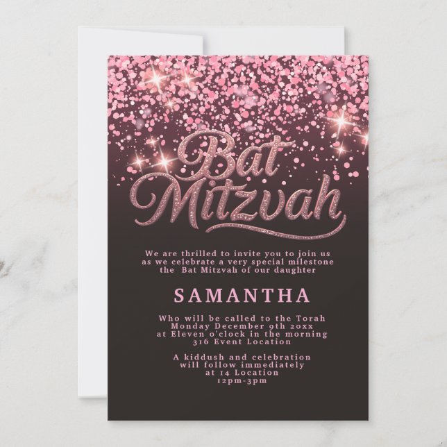 Elegant Rosa Guld & Svart Bat Mitzvah-inbjudan Inbjudningar (Framsida)