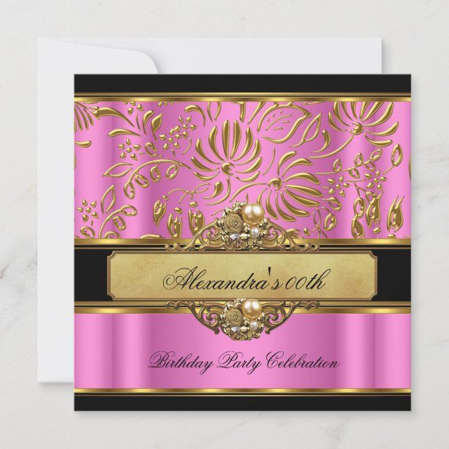 Elegant Rosa Guld Svart Damask Pärl Party Inbjudningar (Framsida)