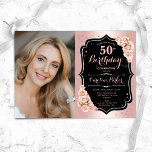 Elegant Rosa Guld Svart Foto 50-årsfirande Inbjudningar<br><div class="desc">Elegant blomstergestaltad feminin 50-års inbjudan med ditt foto. Glamourös design med falskt rosa guld. Inkluderar skära rosor,  scriptfont och konfetti. Perfekt för en stilren vuxen födelsedagsfest. Anpassa med dina egna detaljer. Kan anpassas för alla åldrar! Tryckta Zazzle-inbjudningar eller direkt nedladdningsbart digitalt utskrivbart mall.</div>
