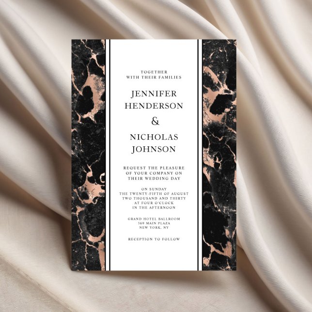Elegant Rosa Guld Svart Marmor Bröllop Inbjudningar (Elegant Rose Gold Black Marble Wedding Invitation)