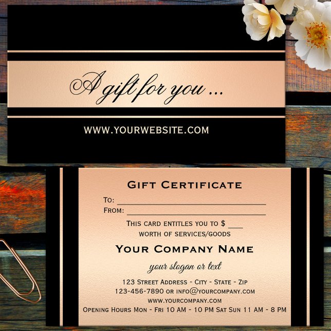 Elegant Rosa Guld Svart Presentkortsmall Rabattkort (Elegant business card sized gift card voucher in rose gold and black)