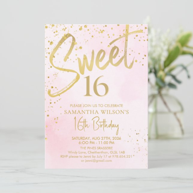 Elegant  Rosa & Guld Sweet 16 födelsedag Inbjudningar (Stående Fram)