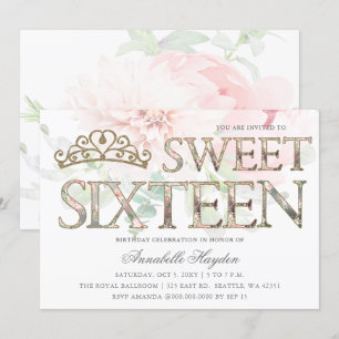 Elegant Rosa Guld Tiara Blommigt Sweet 16 Inbjudningar