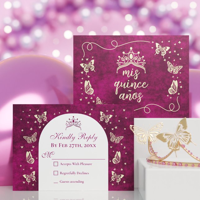 Elegant Rosa Guld Tiara Butterflies Quinceañera OSA Kort (Elegant Pink Gold Tiara Butterflies Quinceañera RSVP Card)
