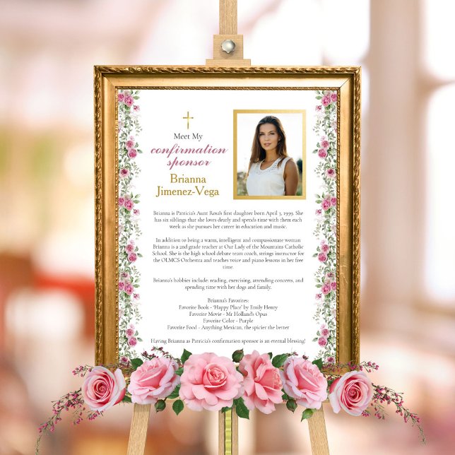 Elegant Rosa Guld uppfyller min bekräftelsesponsor Fototryck (Elegant Pink and Gold Rose Floral Greenery Confirmation Welcome Sign for Confirmation Sponsor)