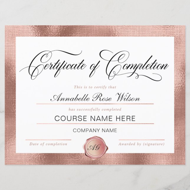 Elegant rosa guld utfärdande certifikat för fullgj (Framsida)