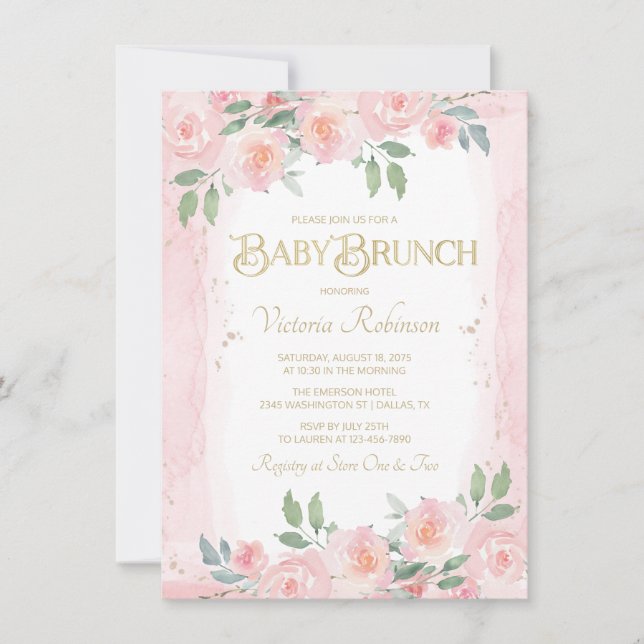 Elegant Rosa Guld Watercolor Blommigt Baby Brunch Inbjudningar (Framsida)