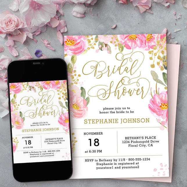 Elegant Rosa Guld Watercolor Blommigt Möhippa Inbjudningar (Bridal Shower invitation from my Pink and Gold Watercolor Floral Collection
)